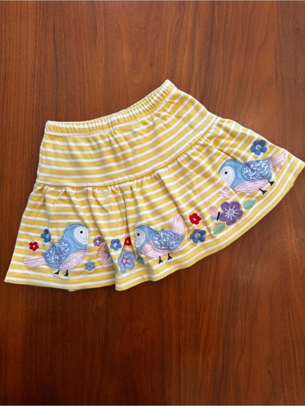 Jojo Maman Bébé Yellow Striped Girls Skirt Skort with Bird Appliqués size 2-3